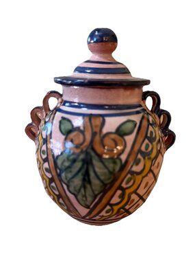 Mexican Talavera Hand Painted Jug Jar With Lid Blue Ribbon Handles Artsy 6in